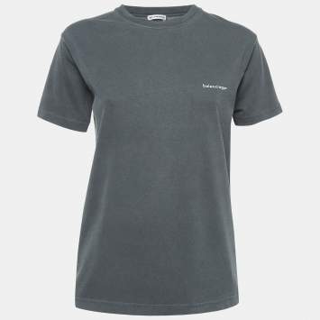 Pre Owned Balenciaga Grey Logo Print Washed Cotton Knit T-Shirt M