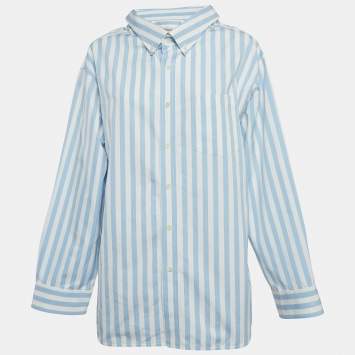 Pre Owned Balenciaga Blue/White Stripes Cotton Oversized Shirt M