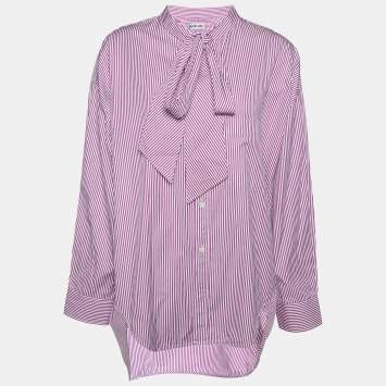 Pre Owned Balenciaga Pink/White Striped Logo Print Cotton Oversized Shirt S