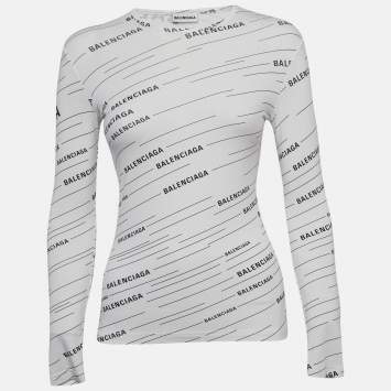 Pre Owned Balenciaga White Diagonal Logo Print Jersey Long Sleeve T-Shirt S
