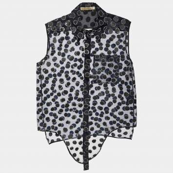 Pre Owned Balenciaga Navy Blue Dotted Pattern Organza Button Front Blouse M