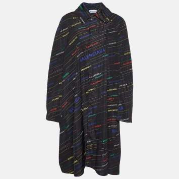 Pre Owned Balenciaga Black All Over Logo Print Technical Oversized Coat S