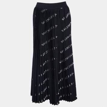 Pre Owned Balenciaga Black All-Over Logo Print Knit Pleated Midi Skirt M