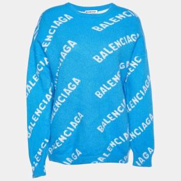 Pre Owned Balenciaga Blue All-Over Logo Pattern Wool Knit Sweater M