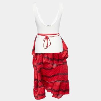 Pre Owned Balenciaga Red/Cream Silk & Knit Layered Midi Dress M