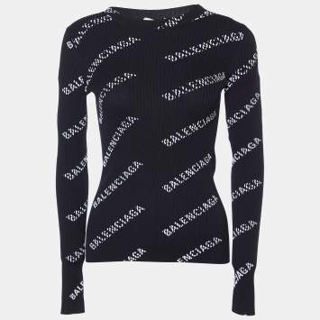 Pre Owned Balenciaga Black Logo Print Rib Knit Jumper XS