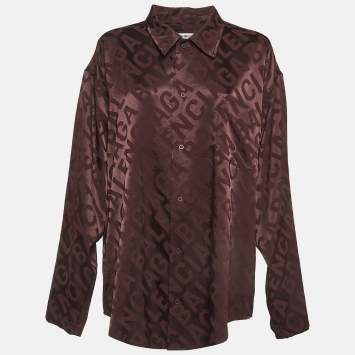 Pre Owned Balenciaga Burgundy Logo Jacquard Satin Oversized Shirt M