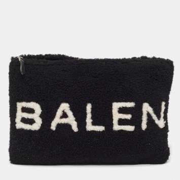 Pre Owned Balenciaga Black/White Shearling Logo Zip Pouch