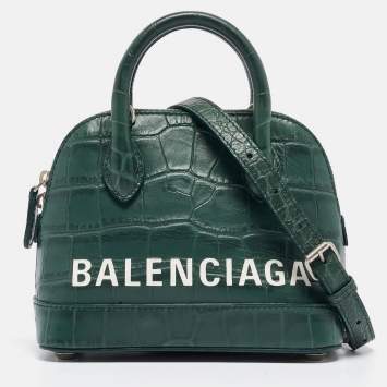 Pre Owned Balenciaga Green Croc Embossed Leather XXS Ville Satchel