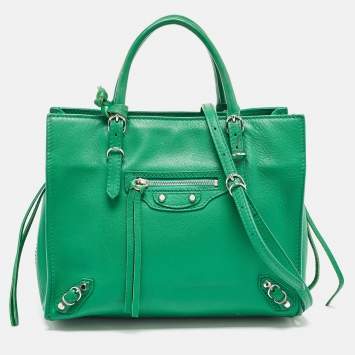 Pre Owned Balenciaga Green Leather Mini Papier A4 Tote