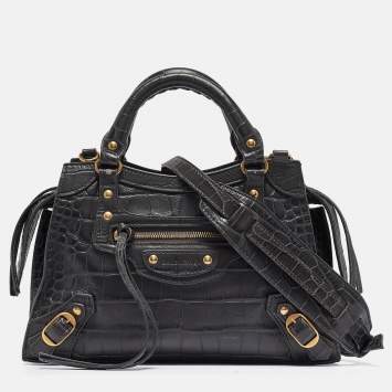 Pre Owned Balenciaga Dark Grey Croc Embossed Leather Neo Classic Bag