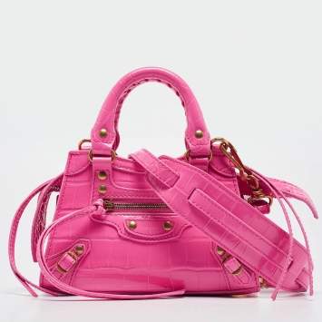 Pre Owned Balenciaga Pink Croc Embossed Leather Nano Neo Classic Tote
