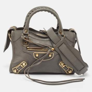 Pre Owned Balenciaga Grey Leather Mini Metallic Edge City Bag