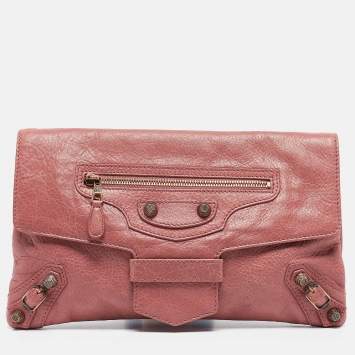 Pre Owned Balenciaga Pink Leather Motocross Flap Clutch
