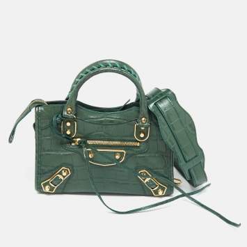 Pre Owned  Balenciaga Green Croc Embossed Leather Mini Classic Metallic Edge City Bag