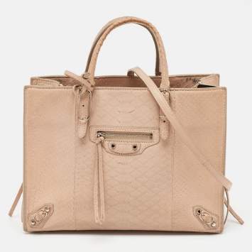 Pre Owned Balenciaga Peach Python Papier A6 Zip Tote