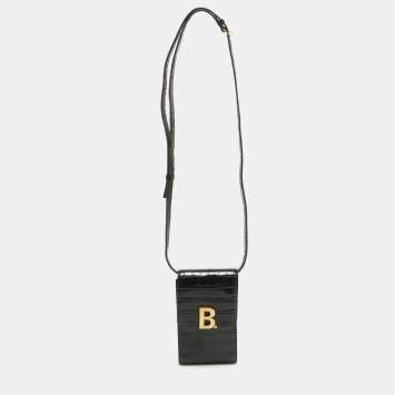 Pre Owned Balenciaga Black Croc Embossed Leather Phone Holder Crossbody Bag