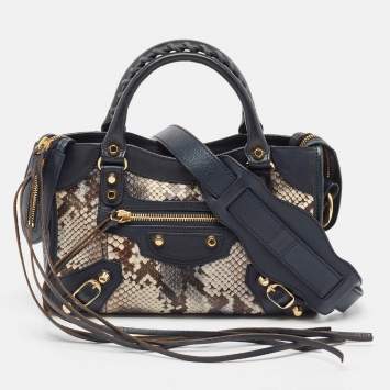 Pre Owned Balenciaga Navy Blue Python and Leather Mini Metallic Edge Classic City Bag