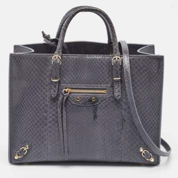 Pre Owned Balenciaga Blue Python Papier A6 Side Zip Tote