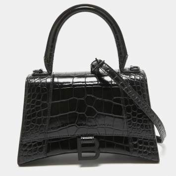 Pre Owned Balenciaga Black Croc Embossed Leather Small Hourglass Top Handle Bag