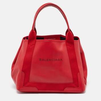 Pre Owned Balenciaga Red Leather S Navy Cabas Tote