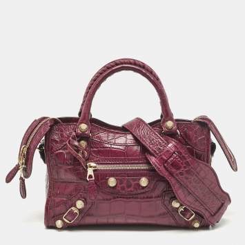 Pre Owned Balenciaga Purple Croc Embossed Leather Mini Classic City Bag