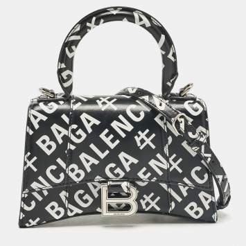 Pre Owned Balenciaga Black/White Leather Allover Logo XS Hourglass Top Handle Bag