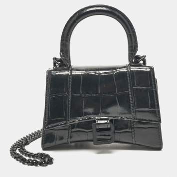 Pre Owned Balenciaga Black Croc Embossed Leather Mini Chain Hourglass Bag