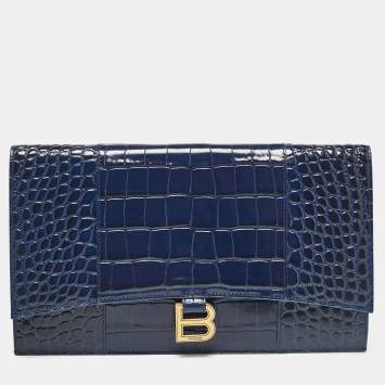 Pre Owned Balenciaga Blue Croc Embossed Leather Hourglass Flat Pouch 