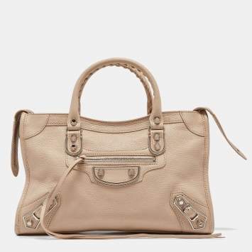 Pre Owned Balenciaga Beige Leather Small Metallic Edge Classic City Tote