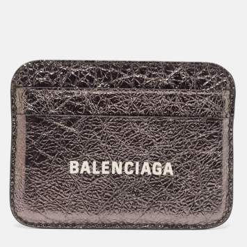 Pre Owned Balenciaga Metallic Leather Logo Card Holder