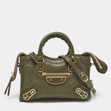 Pre Owned Balenciaga Olive Green Leather Nano City Metallic Edge Tote