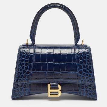 Pre Owned Balenciaga Blue Croc Embossed Leather Small Hourglass Top Handle Bag