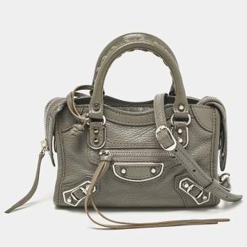 Pre Owned Balenciaga Grey Leather Nano Metallic Edge Classic City Tote