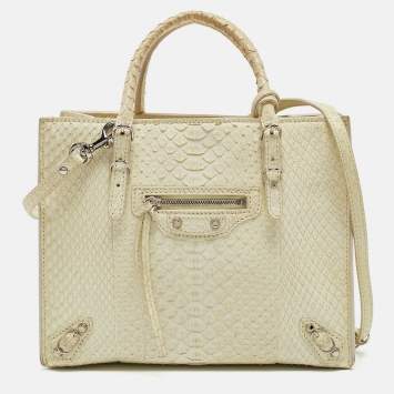 Pre Owned Balenciaga Light Yellow Snakeskin Mini Papier A4 Tote