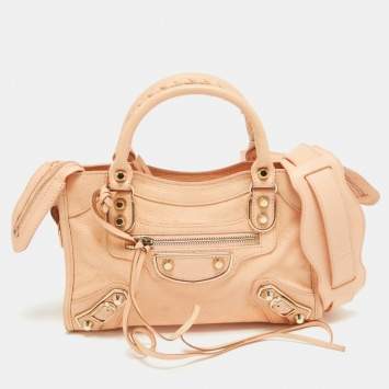 Pre Owned Balenciaga Peach Leather Mini Classic Metallic Edge City Bag