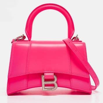 Pre Owned Balenciaga Neon Pink Leather XS Hourglass Top Handle Bag