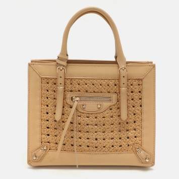 Pre Owned Balenciaga Beige Crochet Leather Mini A4 Tote