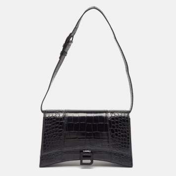 Pre Owned Balenciaga Black Croc Embossed Leather Hourglass Sling Shoulder Bag