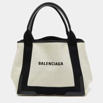 Pre Owned Balenciaga Off White/Black Canvas and Leather Small Cabas Tote