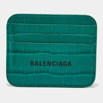 Pre Owned Balenciaga Green Croc Embossed Leather Card Holder