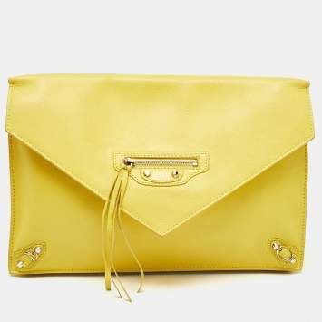 Pre Owned Balenciaga Jaune Soleil Leather Zip Papier Clutch