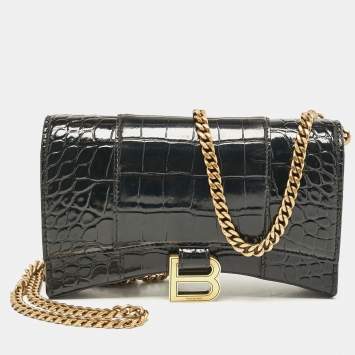Pre Owned Balenciaga Black Croc Embossed Patent Leather Hourglass Wallet On Chain