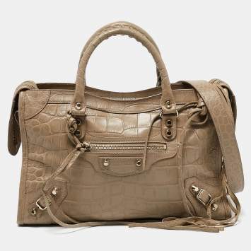 Pre Owned Balenciaga Beige Croc Embossed Leather Small Classic City Tote
