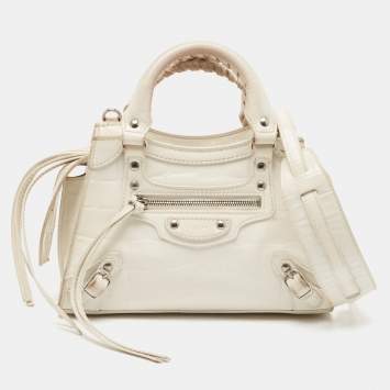 Pre Owned Balenciaga Off White Croc Embossed Leather Mini Neo Classic Bag