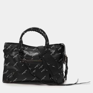 Pre Owned Balenciaga Black Leather All Over Logo Print Classic Small City RH Tote