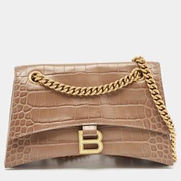 Pre Owned Balenciaga Beige Croc Embossed Leather Small Crush Shoulder Bag