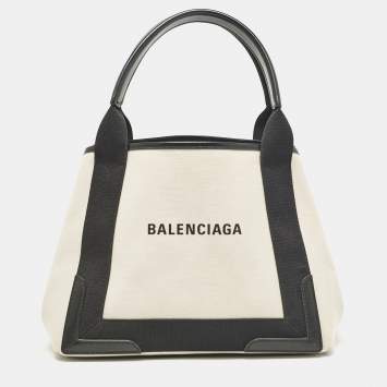 Pre Owned Balenciaga Black/Off White Canvas and Leather Small Cabas Tote