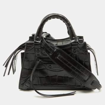 Pre Owned Balenciaga Black Croc Embossed Leather Mini Neo Classic Shoulder Bag