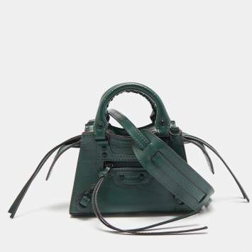 Pre Owned Balenciaga Green Croc Embossed Leather Micro Neo Classic City Tote